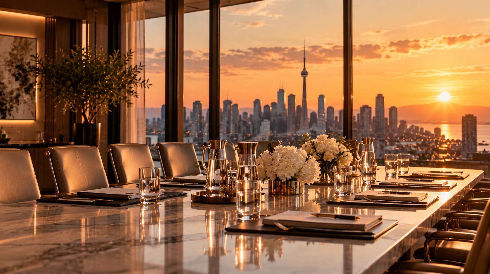 Conceptual editorial image of an executive boardroom overlooking the city